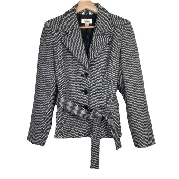 Talbots Blazer Jacket Women's 6 Black & White Striped Tie Waist Notch Lapel - Picture 1 of 12
